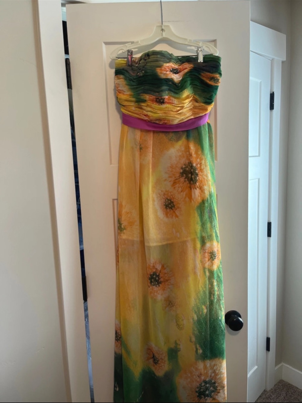 Sunflower Strapless Maxi Dress with Purple Waistband